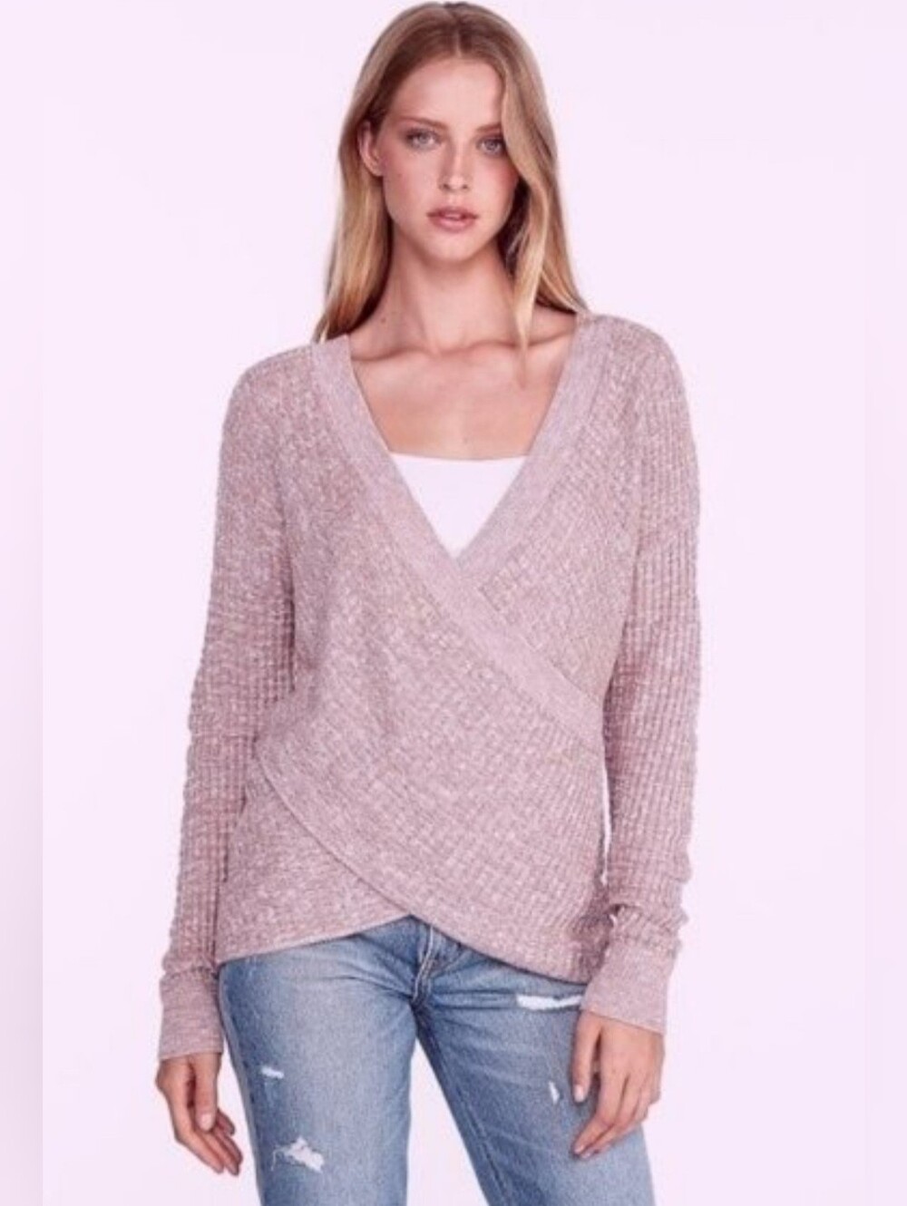 Express Wrap Front Tunic Sweater Mauve Pink Ribbed V-Neck